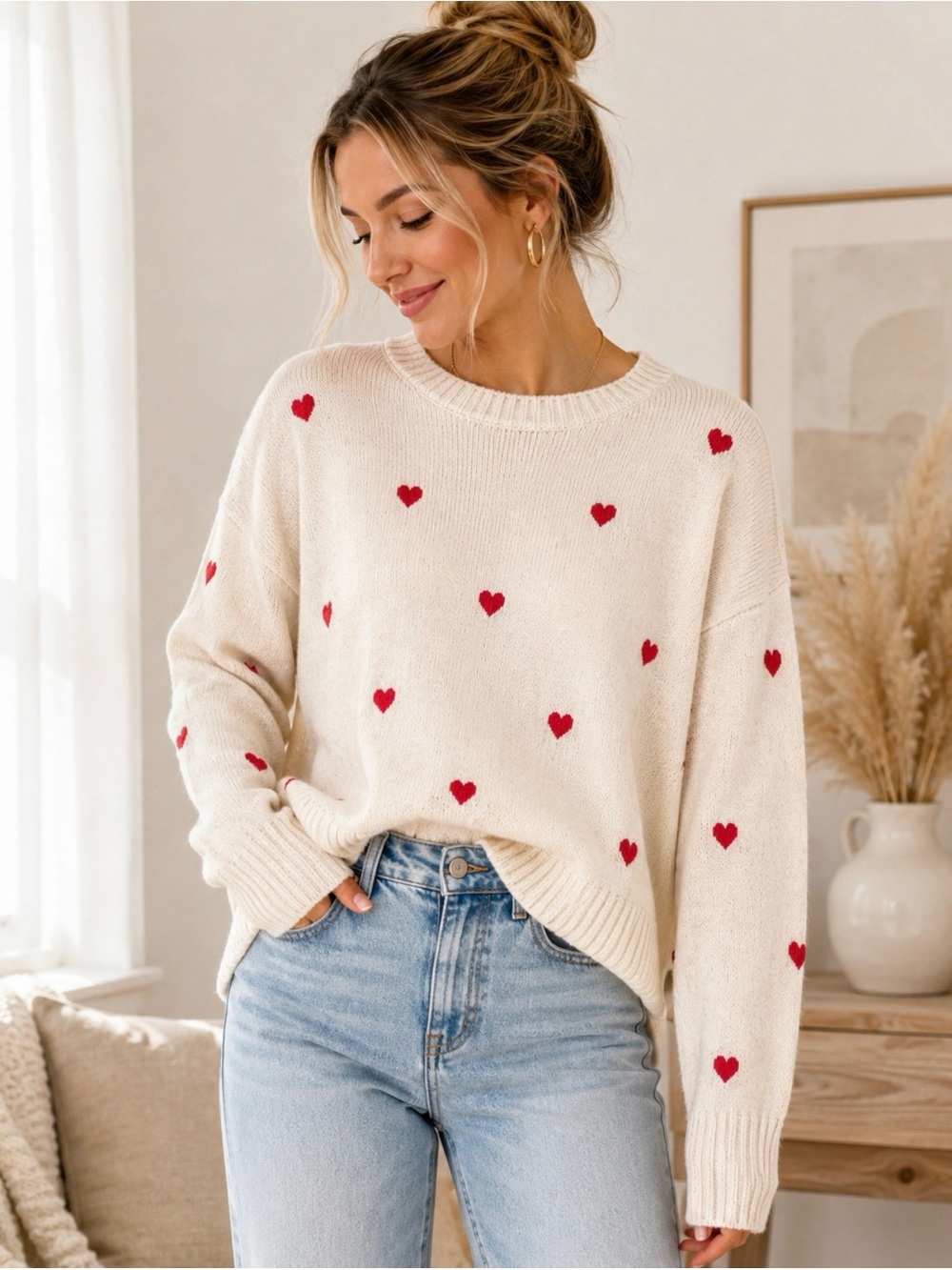 Jessica Simpson Heart Print Sweater Women’s Small Ivory Red Cozy Knit
